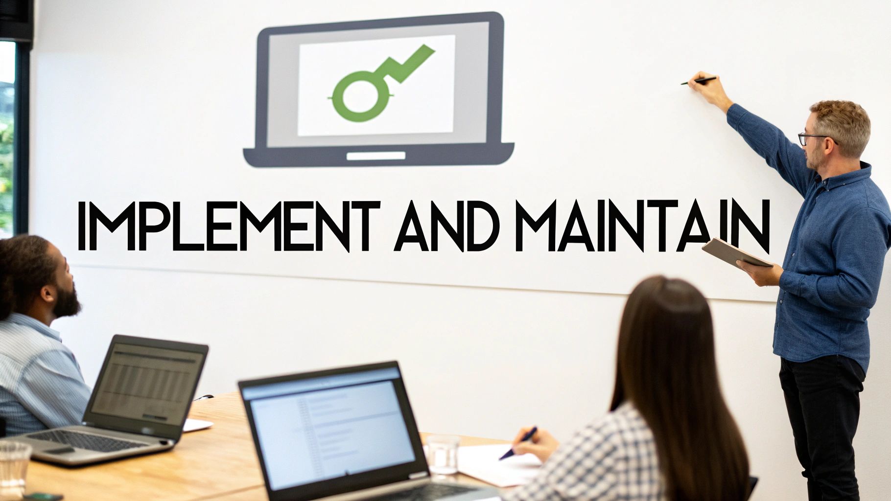 A team in a modern office collaborating around a table, reviewing documents and laptops, symbolizing the implementation and maintenance of guidelines.