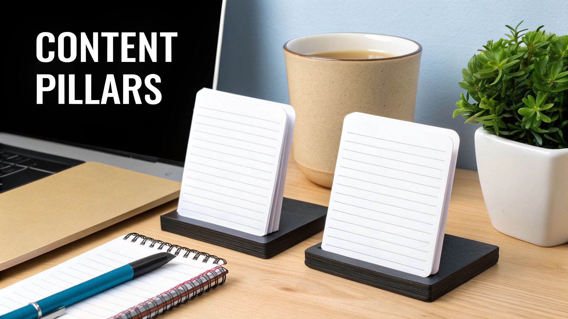 A tidy workspace with a laptop screen displaying 'CONTENT PILLARS', notepads, coffee, and a plant.