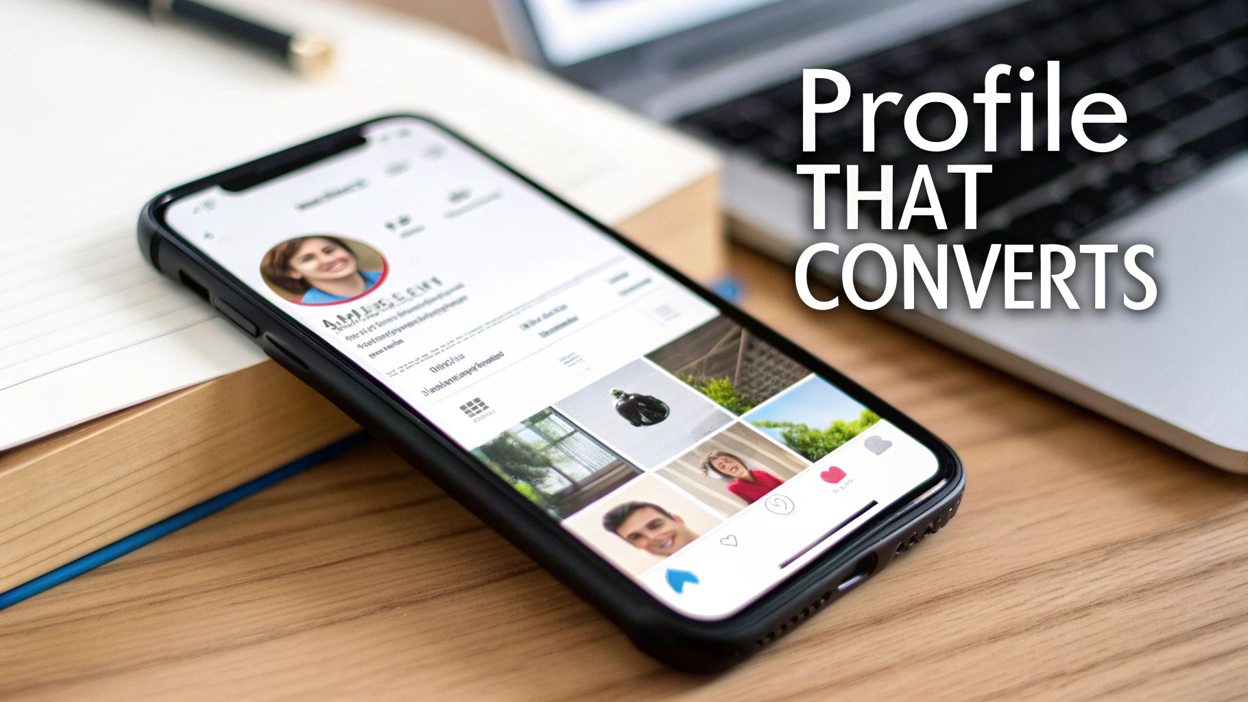 A smartphone displaying an Instagram profile next to a laptop, with text overlay 'PROFILE THAT CONVERTS'.