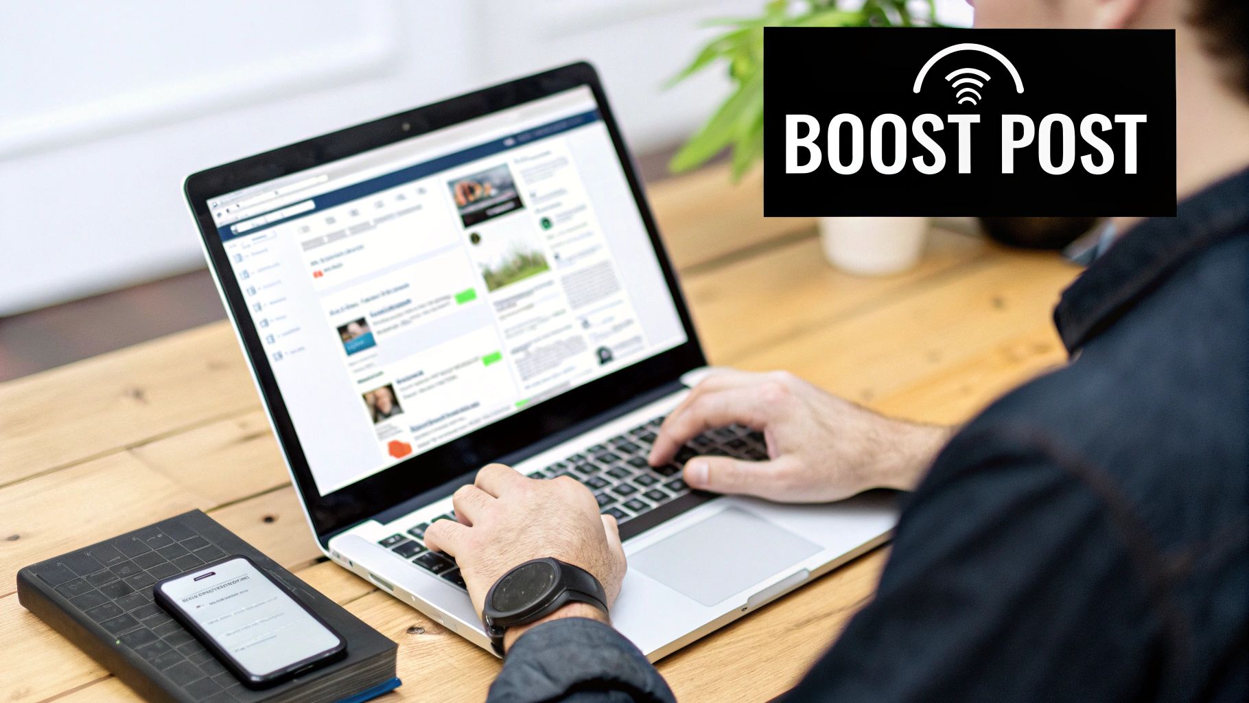 A person types on a laptop, viewing a social media feed with a 'BOOST POST' button visible, alongside a phone and notebook.