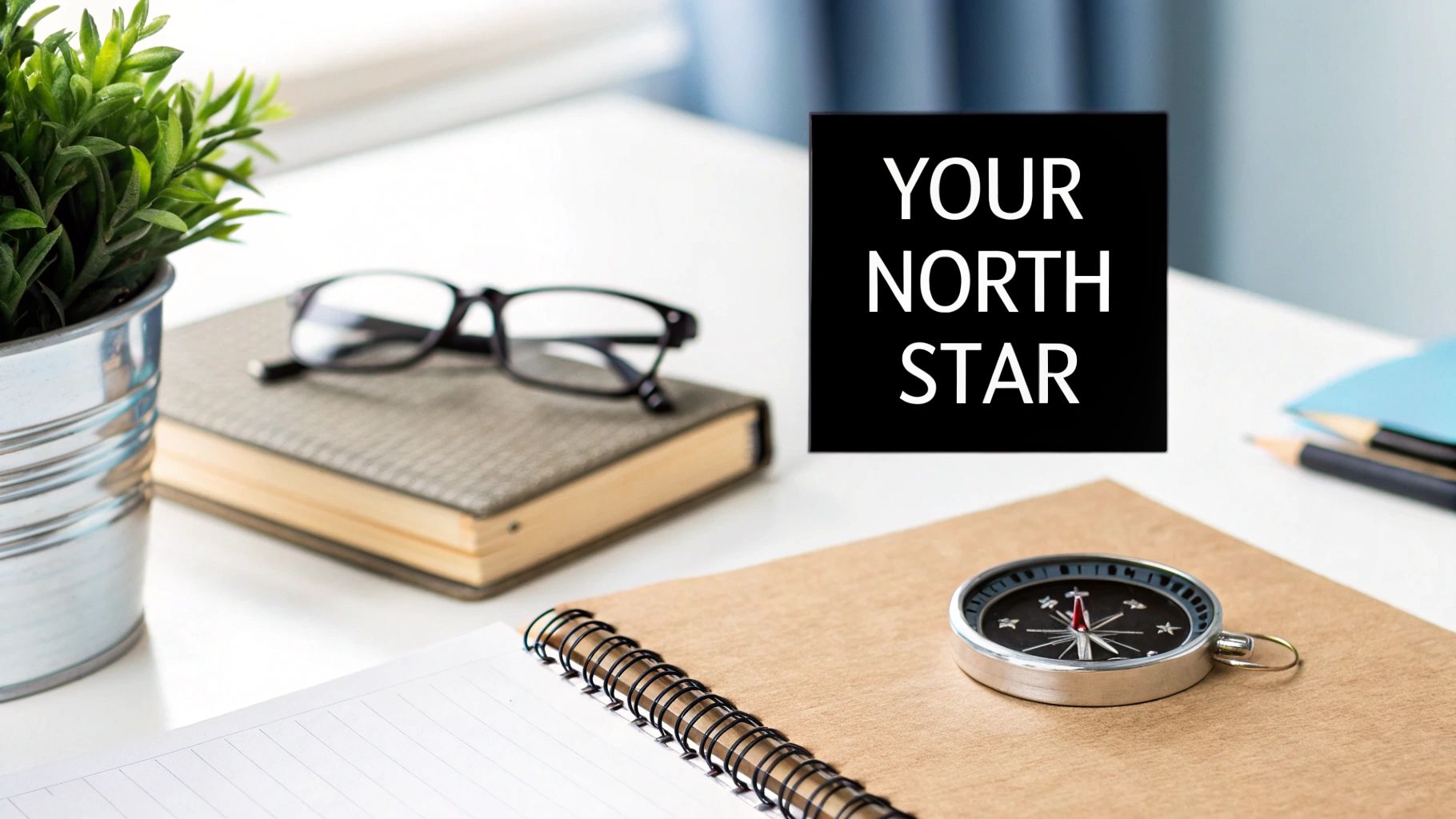 A desk setup featuring a plant, a book with glasses, a compass, and a 'YOUR NORTH STAR' sign.