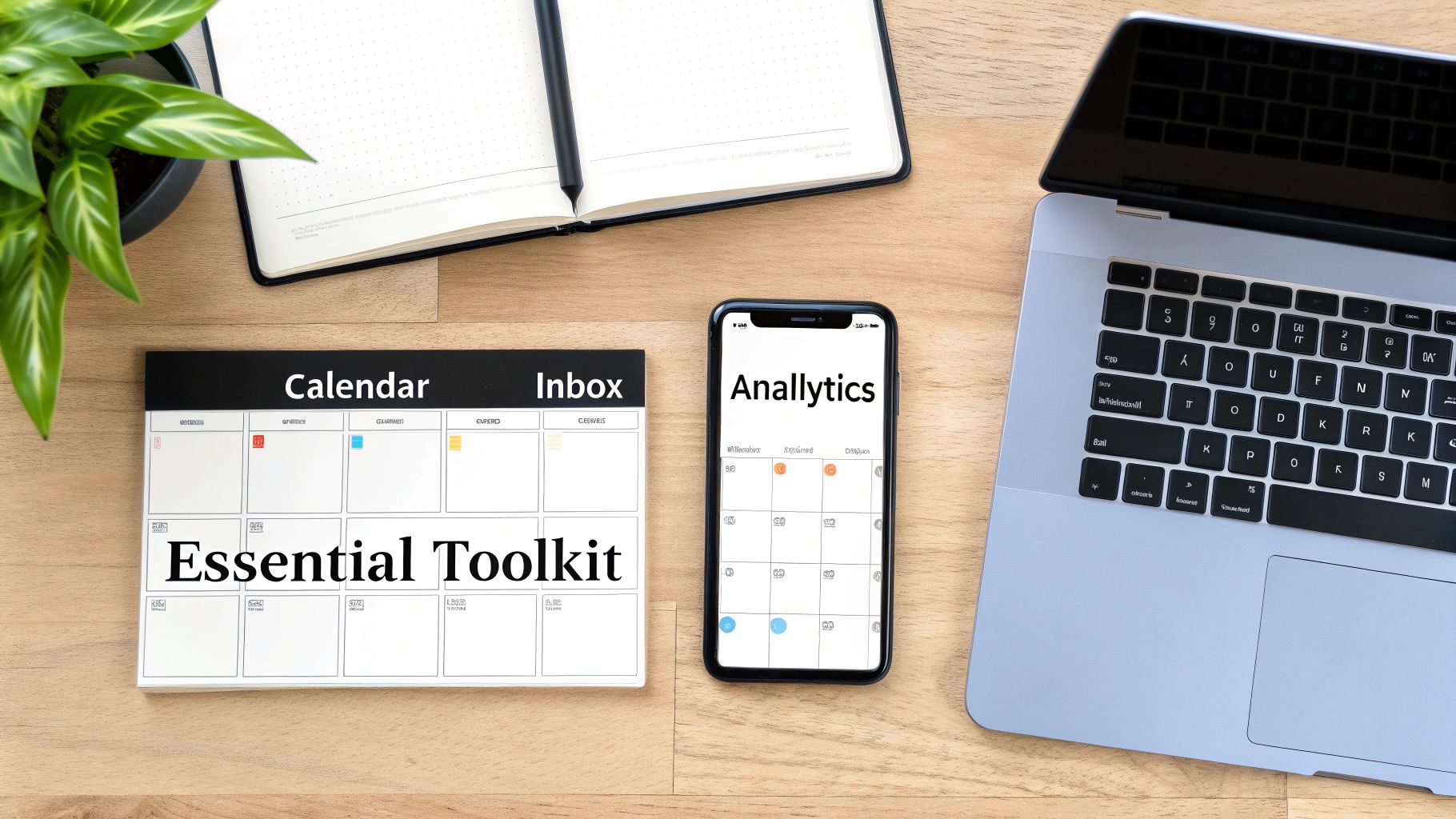 Overhead view of a workspace with a 'Essential Toolkit' calendar, 'Anallytics' phone app, and a laptop.