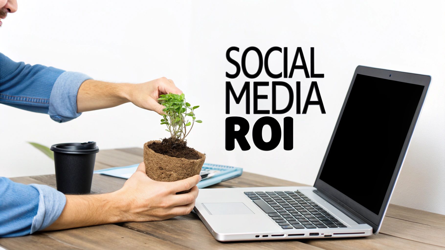 Man's hands holding a green plant on a desk beside a laptop and 'SOCIAL MEDIA ROI' text.