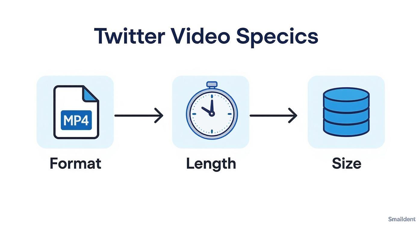Visual guide illustrating Twitter video specifications: MP4 format, video length, and file size.