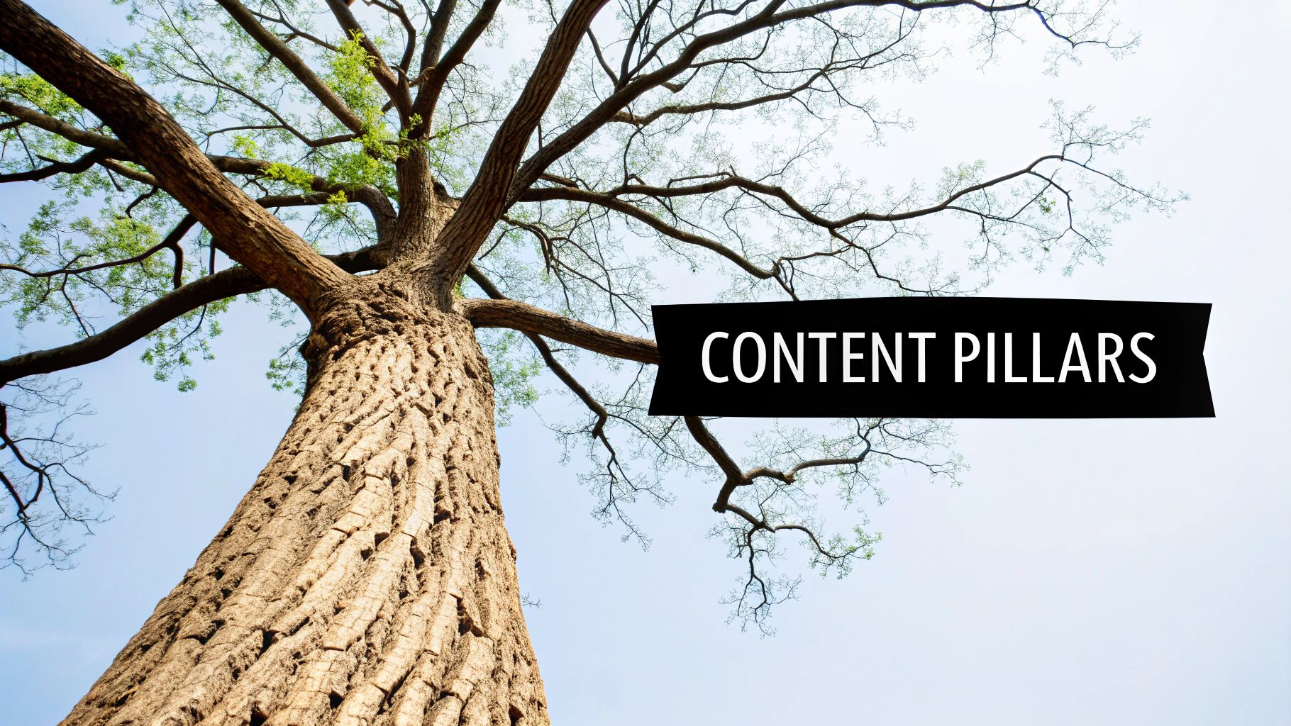 A majestic tree with a sturdy trunk and branches against a blue sky, featuring a 'CONTENT PILLARS' banner.