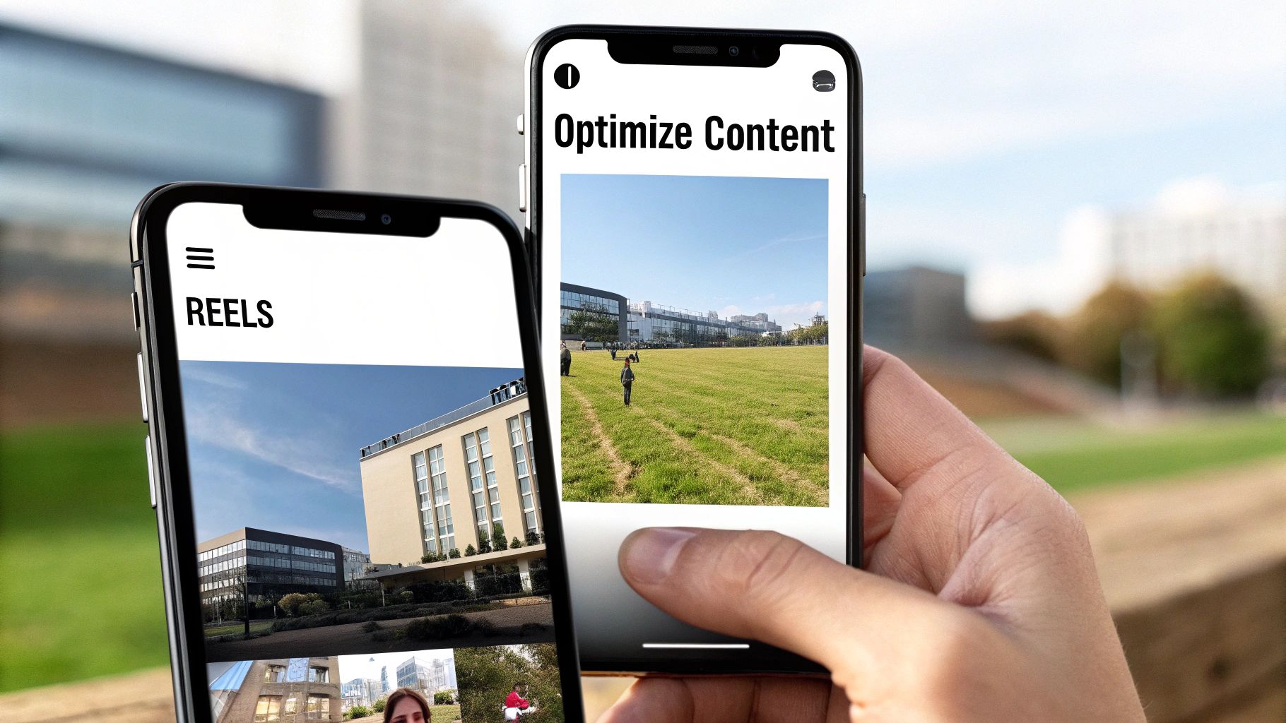 Two smartphones displaying social media content optimization for Reels and Instagram posts outdoors