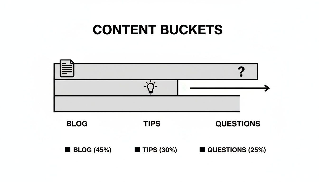 Diagram illustrating content buckets: Blog (45%), Tips (30%), and Questions (25%) with icons.