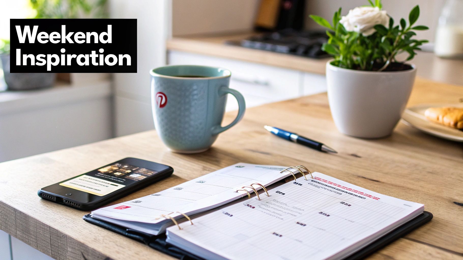 A cozy desk setup with a Pinterest coffee mug, smartphone, open planner, pen, and plant, captioned 'Weekend Inspiration'.