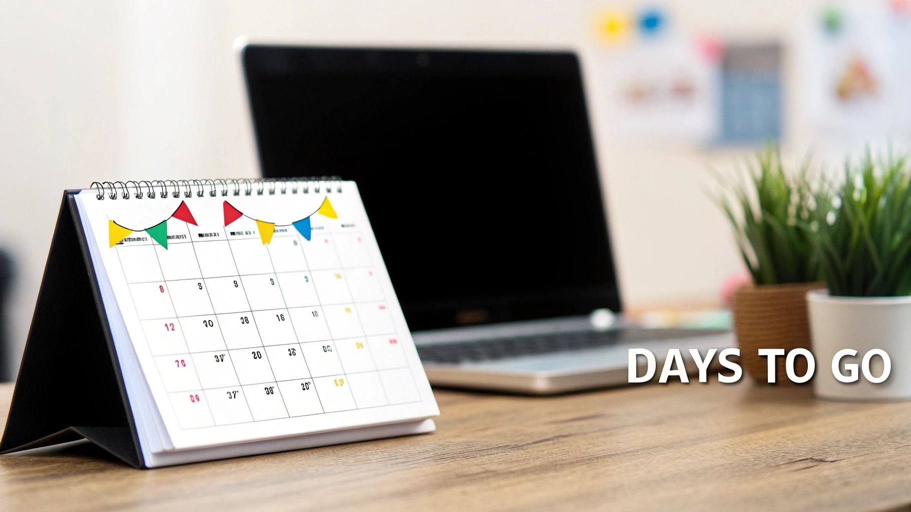 A desk calendar with colorful flags counting down days, next to a laptop and plants, with text "DAYS TO GO".