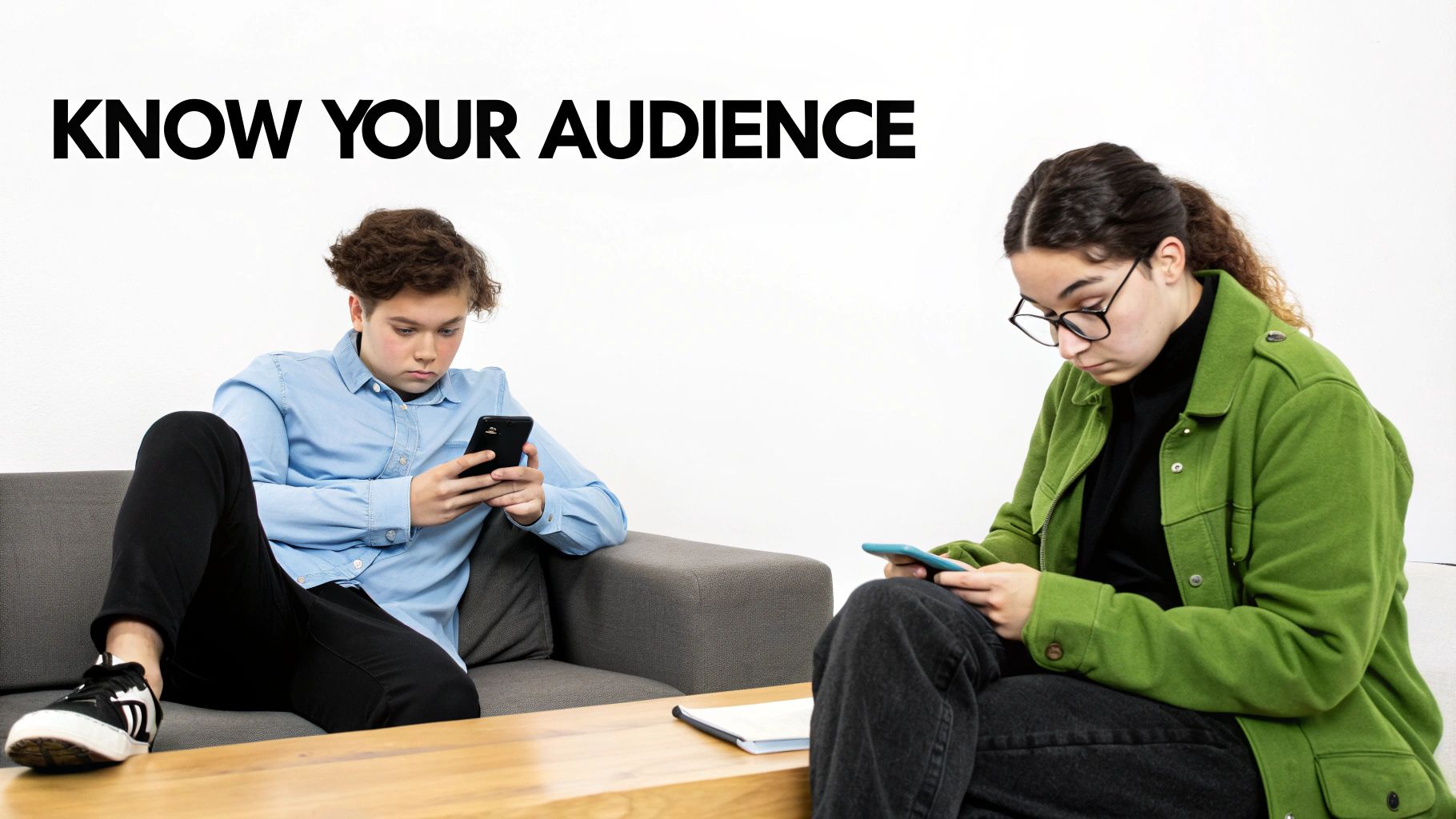 Two young people engrossed in their smartphones, sitting on a couch, with 'KNOW YOUR AUDIENCE' text.