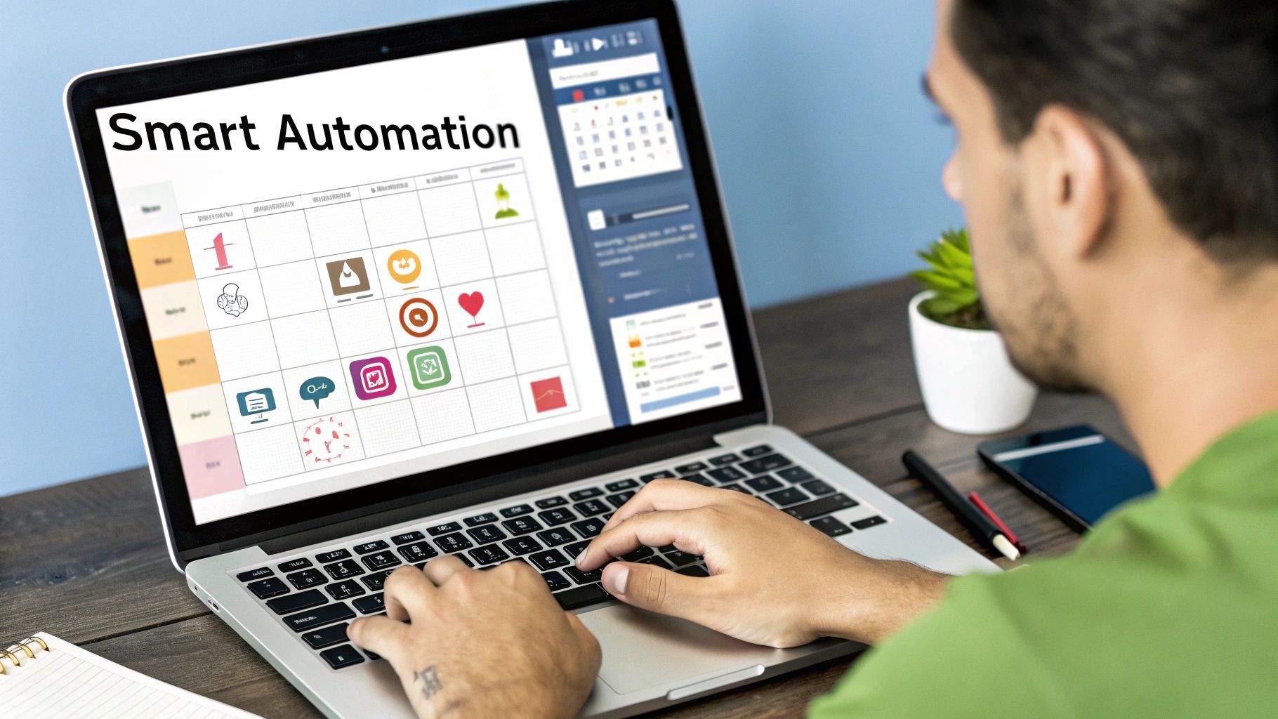 A user-friendly dashboard of EvergreenFeed showing categorized content buckets and a posting schedule, illustrating smart automation.