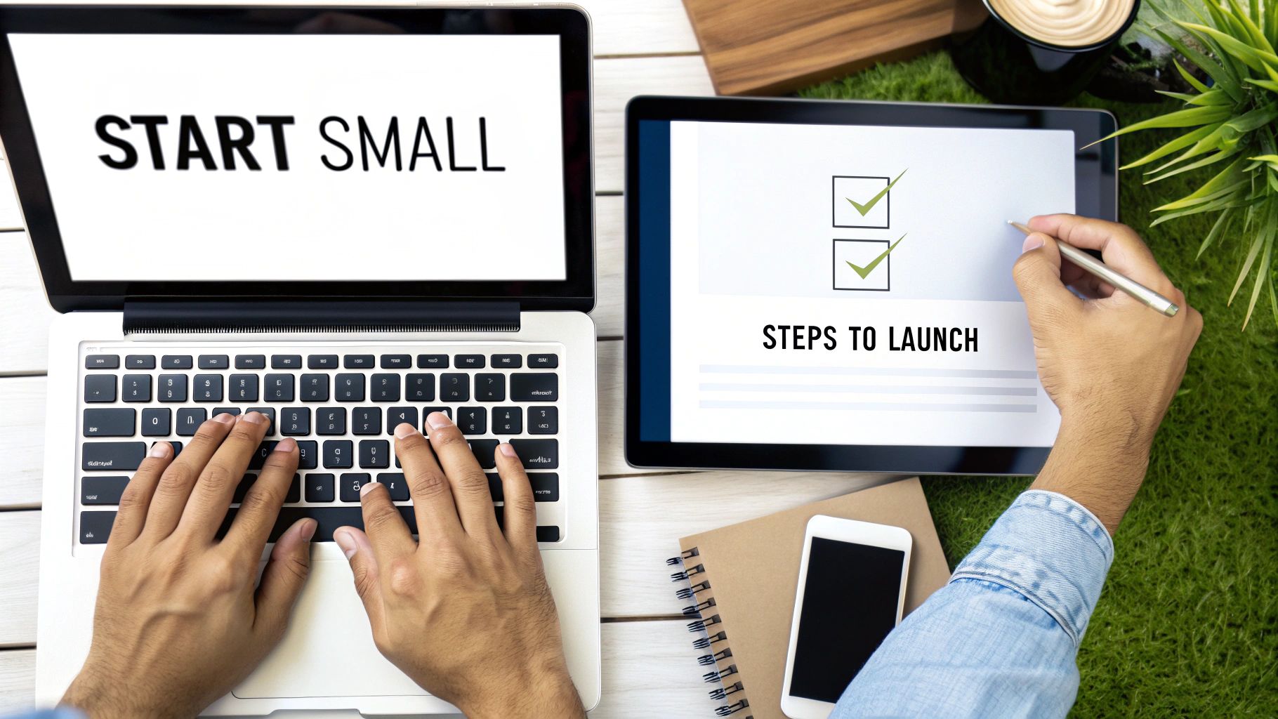 Hands typing on a laptop displaying 'START SMALL' and marking steps on a tablet.