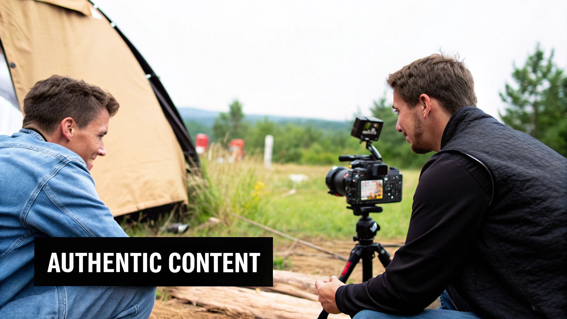 Two men outdoors, one filming with a camera on a tripod, the other observing.