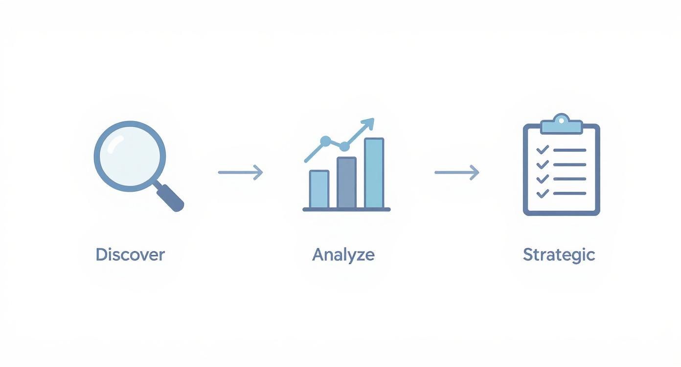 Infographic displaying a business process: discover, analyze, and strategic planning with relevant icons.