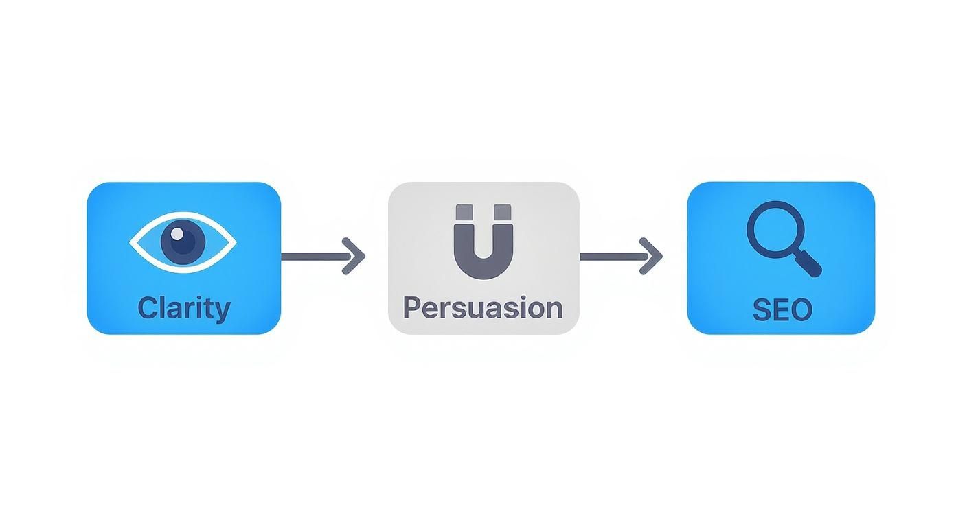 Flowchart illustrating the progression from Clarity, through Persuasion, to achieving effective SEO.