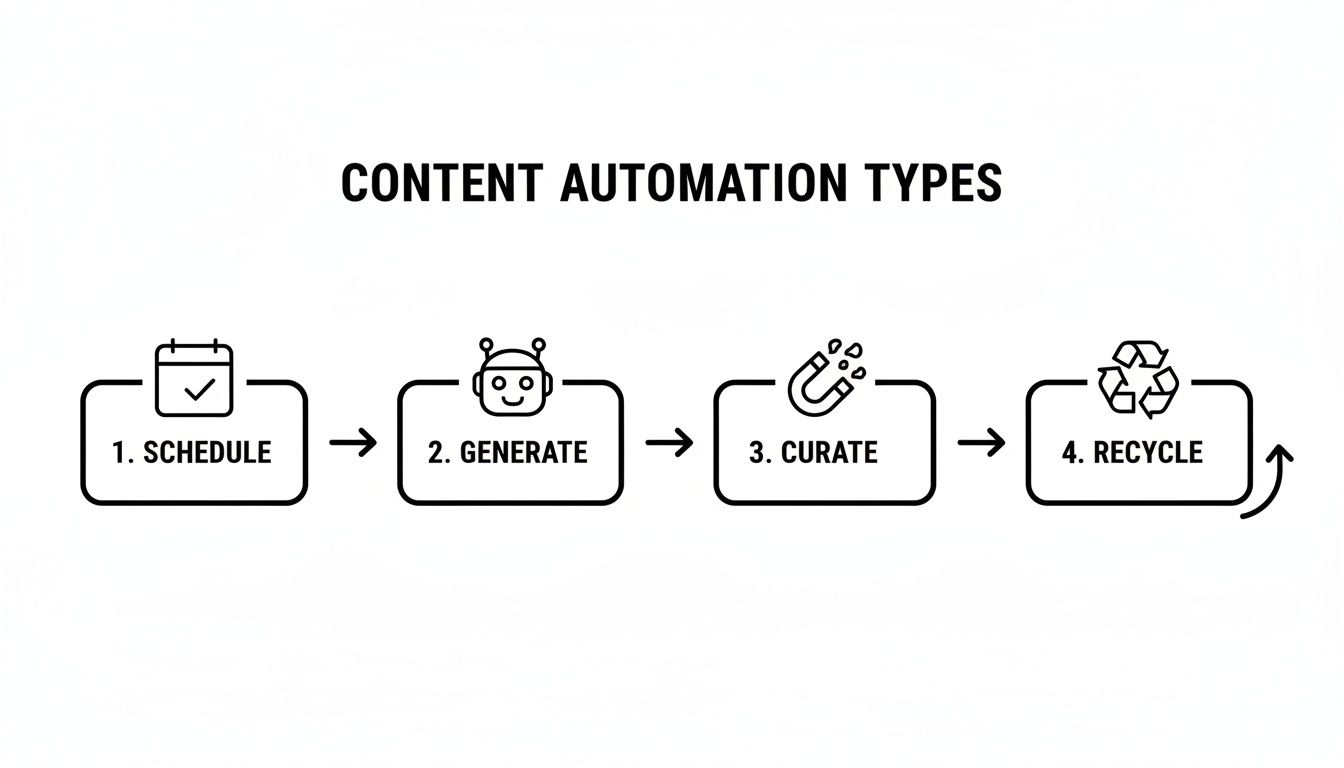 Flowchart illustrating content automation types: schedule, generate, curate, and recycle process.