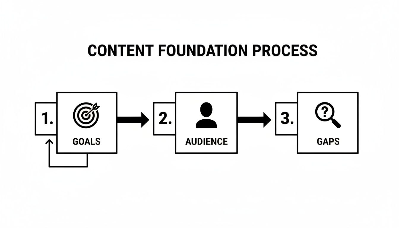 A black and white diagram outlining the Content Foundation Process with steps: Goals, Audience, and Gaps.