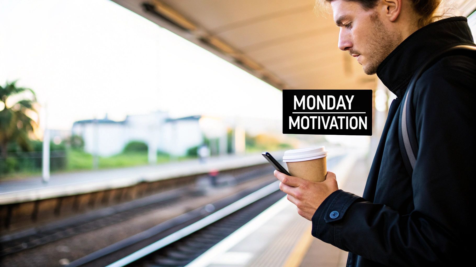 A man on a train platform looks at his smartphone, holding a coffee cup, with 'Monday Motivation' text.