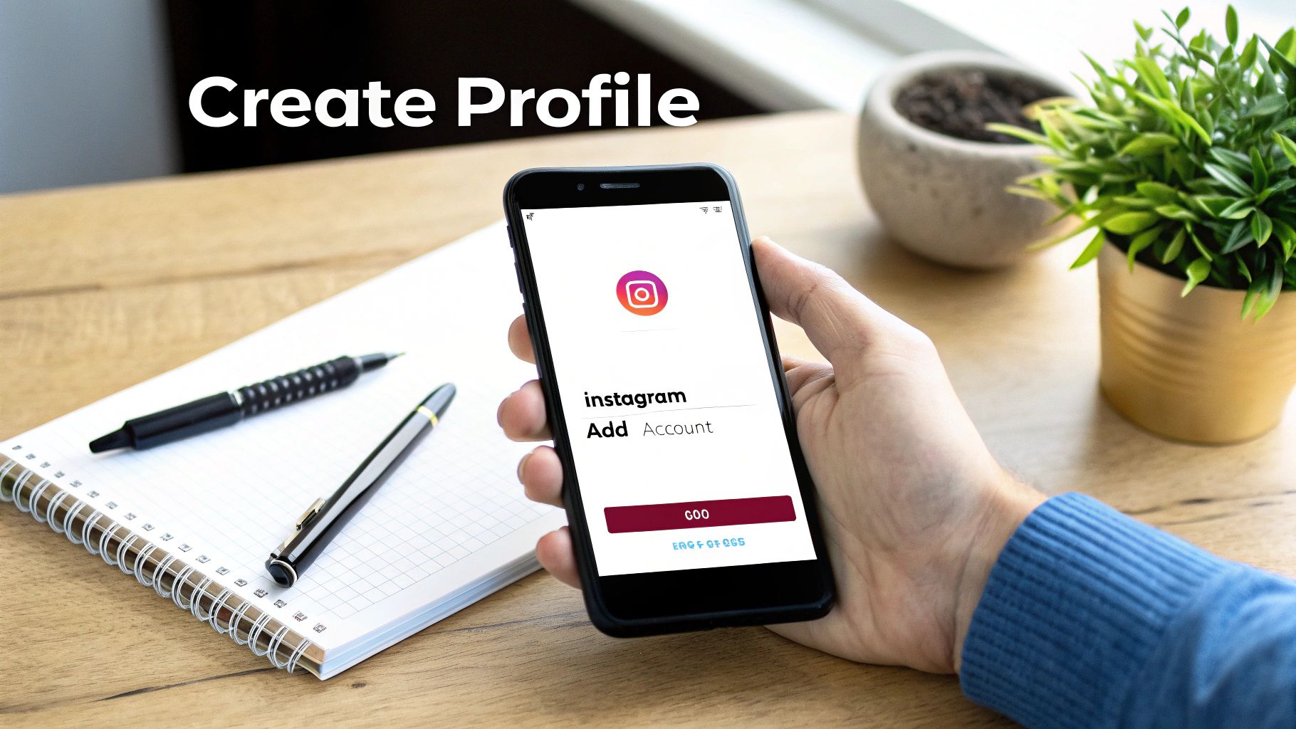 A hand holds a smartphone displaying the Instagram app to add a new account, with 'Create Profile' text.