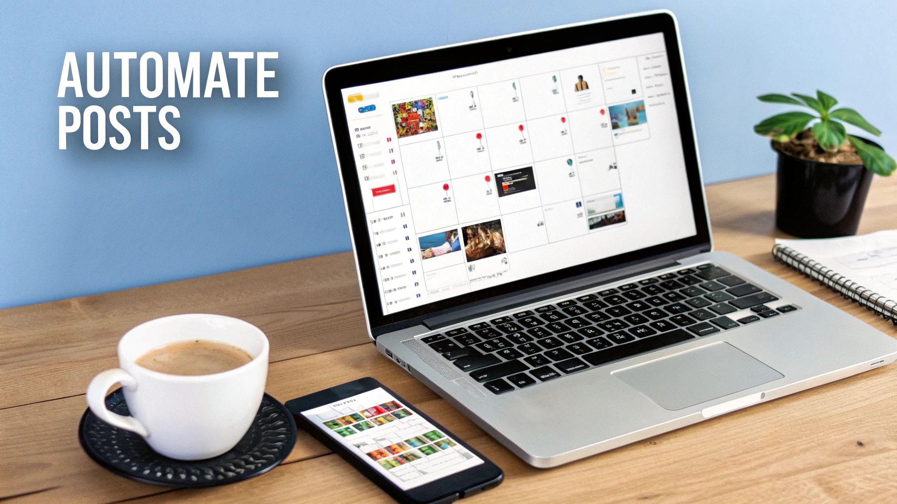 A laptop displaying a social media content calendar with images, a smartphone, coffee, and plant on a wooden desk.