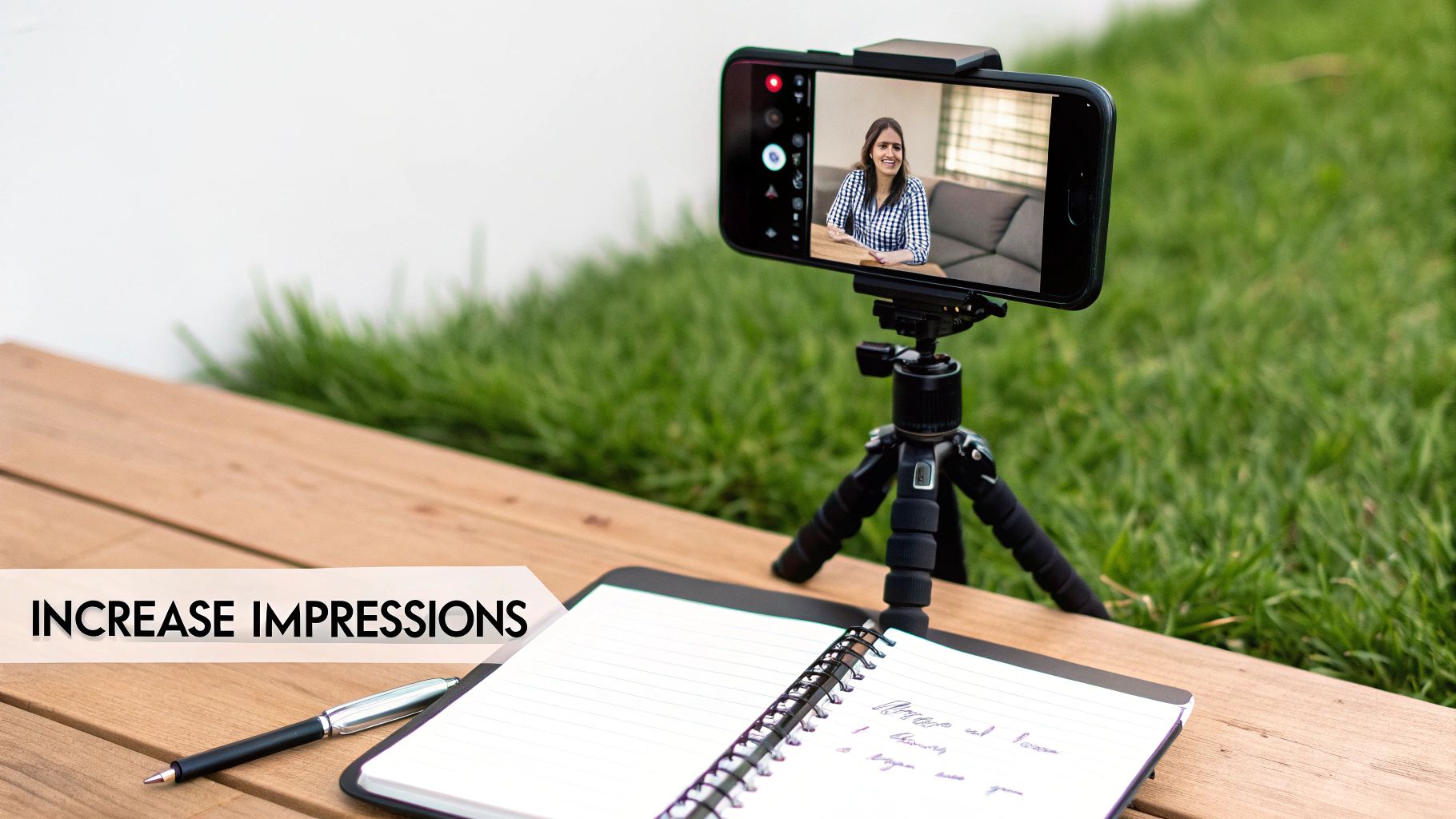 A smartphone on a tripod records a woman, with a notebook and pen nearby, symbolizing content creation.