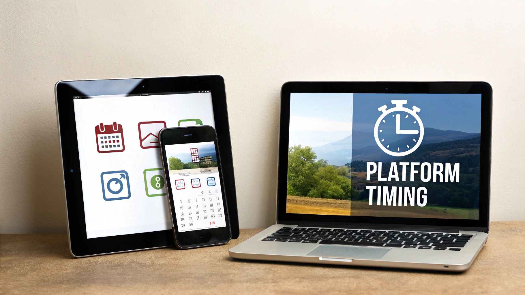 A tablet, smartphone, and laptop displaying app icons, calendars, and 'Platform Timing' for digital scheduling.
