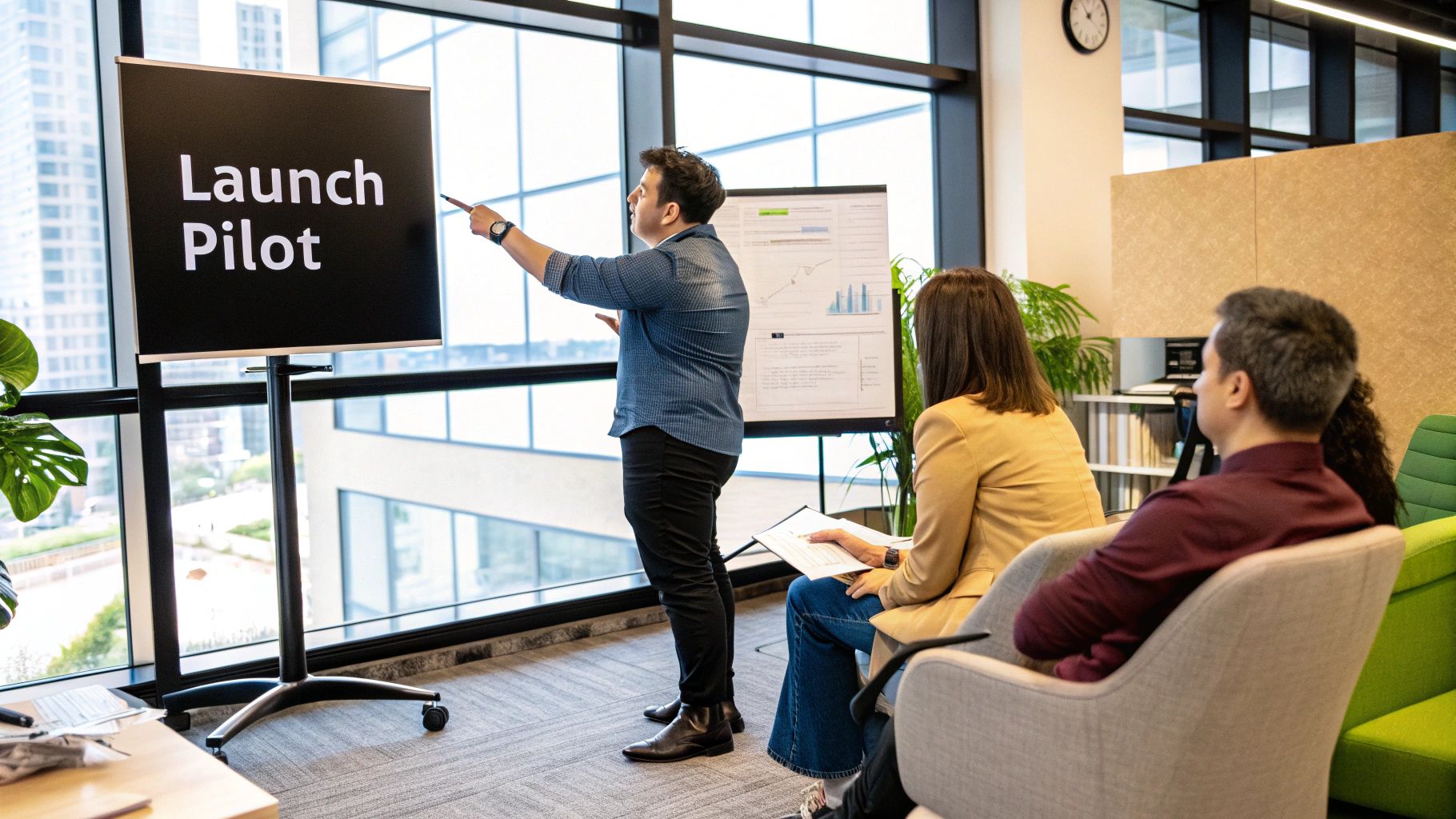 A team collaborating around a whiteboard, pointing to a new workflow diagram.