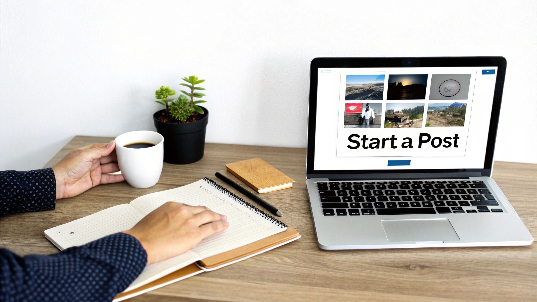 Person writing notes while creating a LinkedIn post on laptop at wooden desk workspace