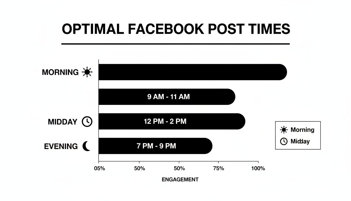 Bar chart illustrating optimal Facebook post times for morning, midday, and evening engagement.
