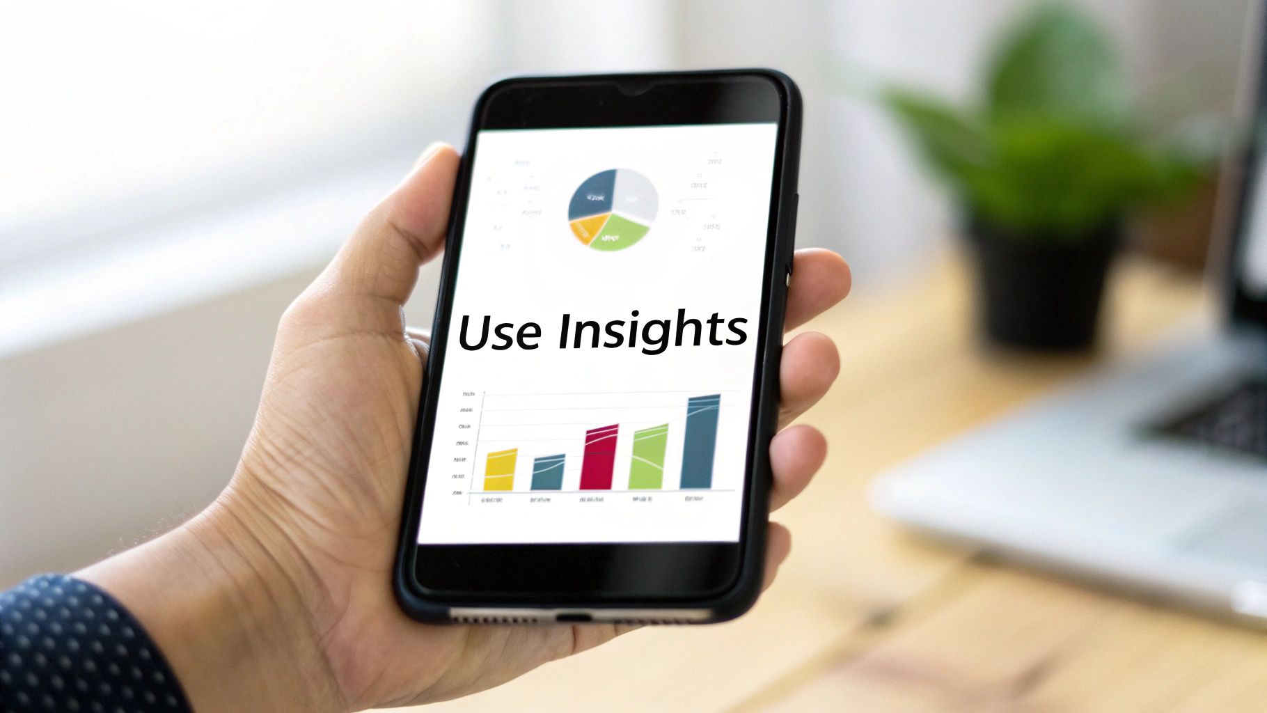 A hand holds a smartphone displaying data insights, featuring pie and bar charts.