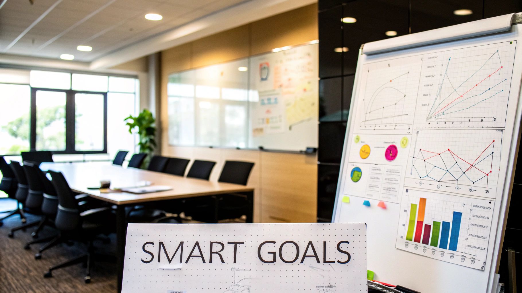 A person at a desk pointing at a whiteboard with graphs and charts, signifying goal setting.