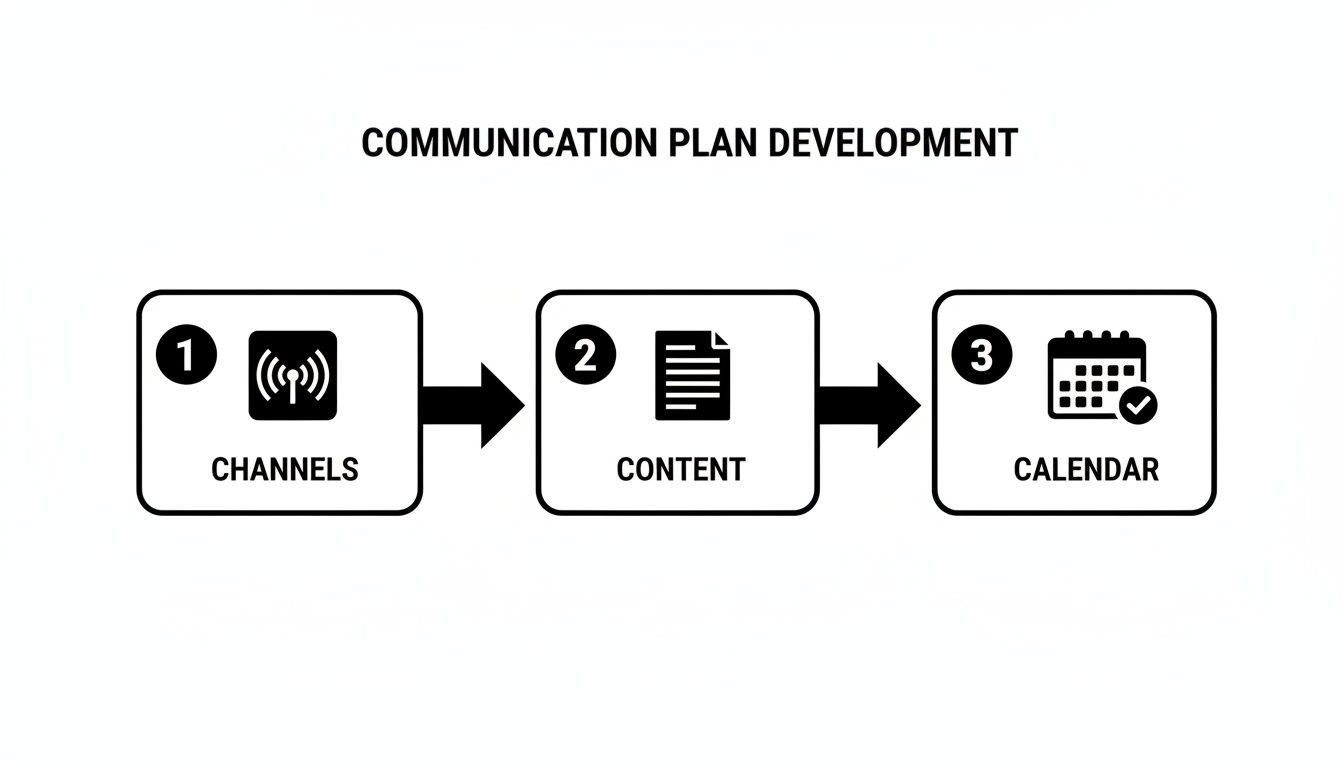 A three-step infographic for communication plan development, showing Channels, Content, and Calendar.