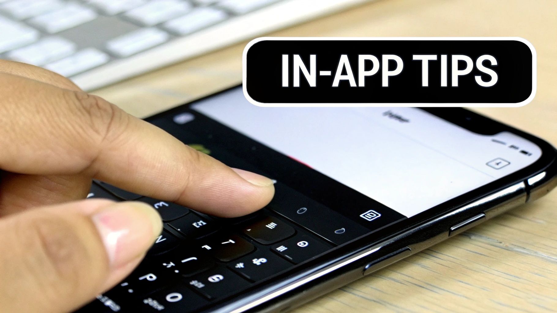 A person's hand is typing on a smartphone with a virtual keyboard, showing 'IN-APP TIPS' text.