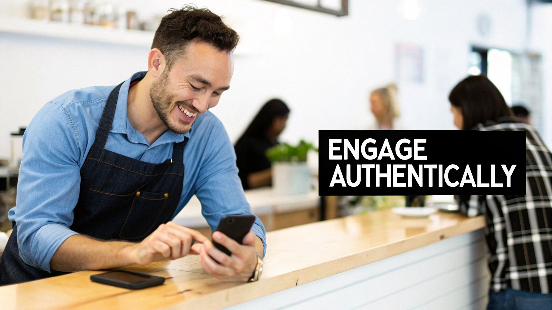 Small business owner in apron smiling while using smartphone for social media engagement at counter
