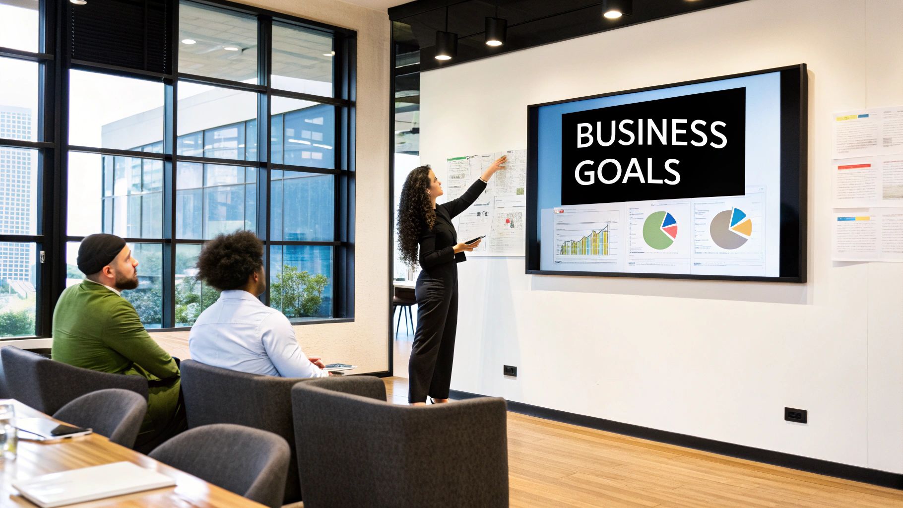 A group of professionals in a meeting room, analyzing charts and graphs on a large screen, symbolizing the alignment of content metrics with business goals.