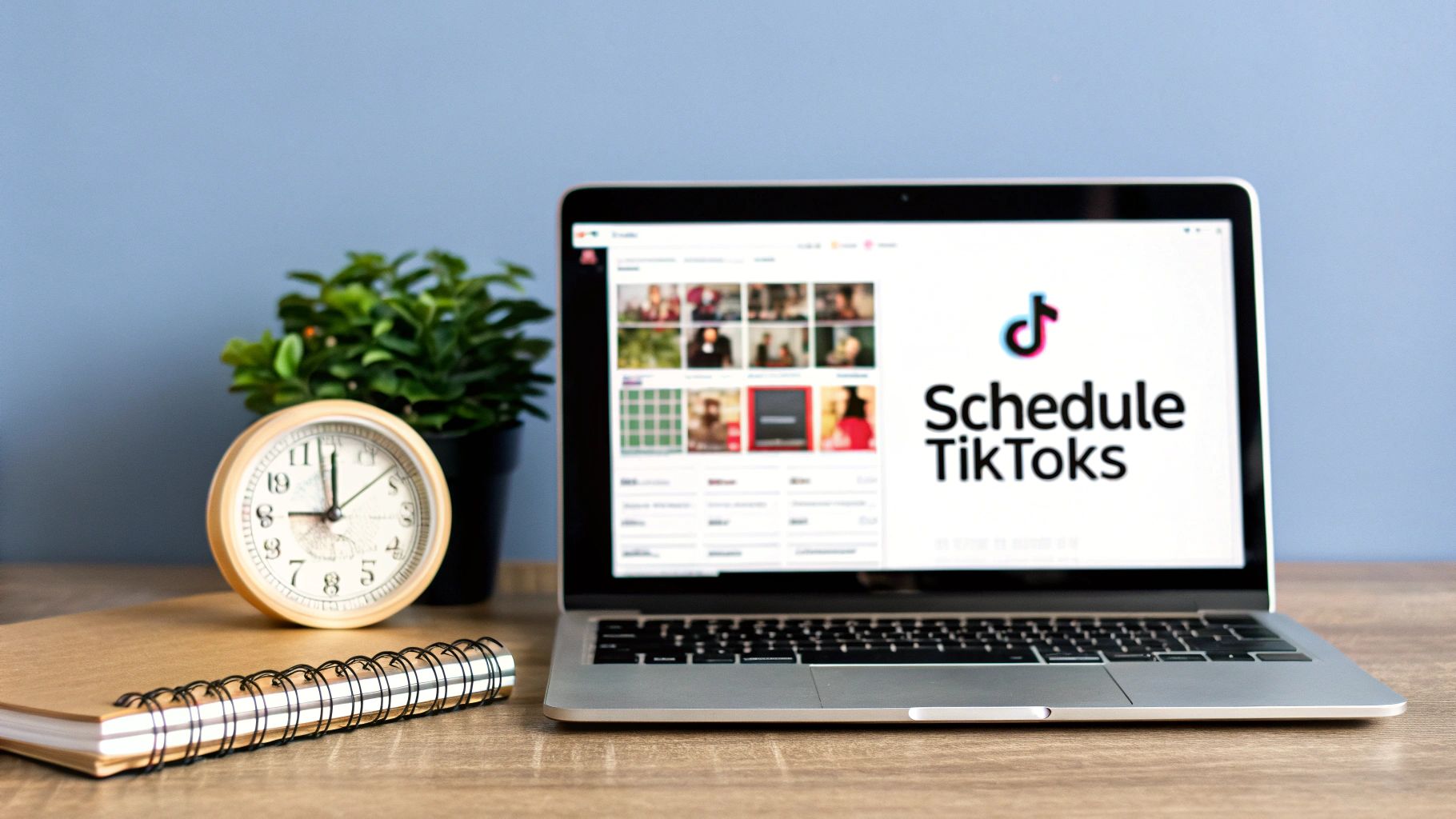 A laptop displaying 'Schedule TikToks' and the TikTok logo on a wooden desk, next to a clock.