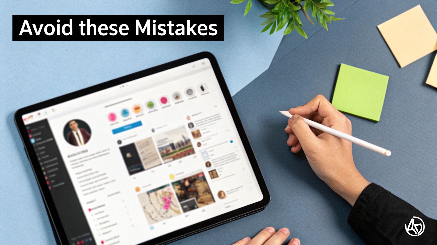 A person's hands using a stylus on a tablet displaying a social media profile, with sticky notes on a desk.