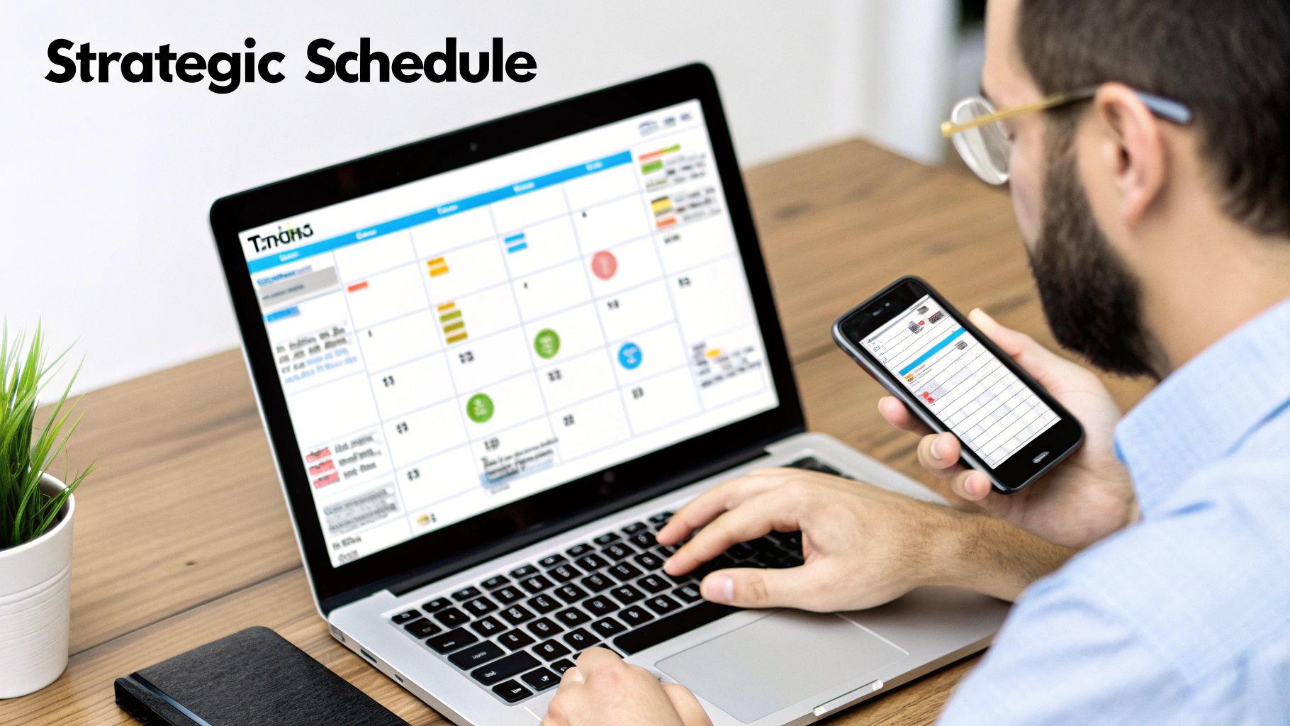 A man manages a strategic schedule on his laptop and smartphone, optimizing his tasks.