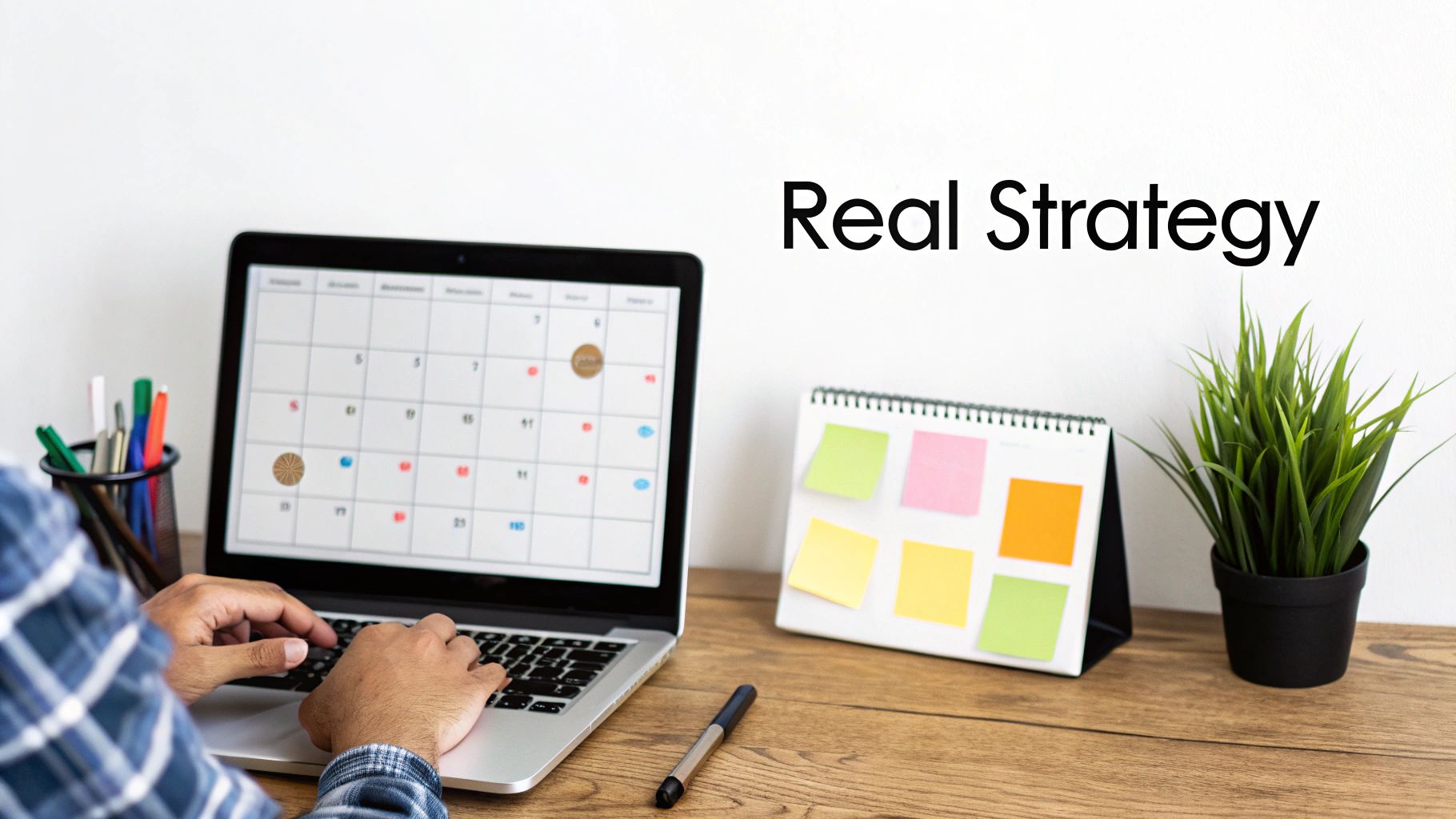 A person planning a social media strategy on a whiteboard with sticky notes.