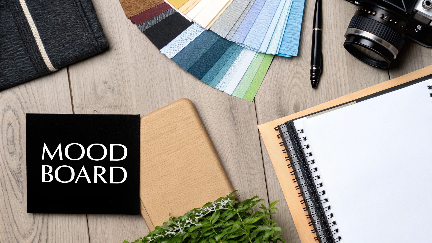 A creative flat lay with a mood board, color swatches, notebook, camera, and green plants on a wooden table.