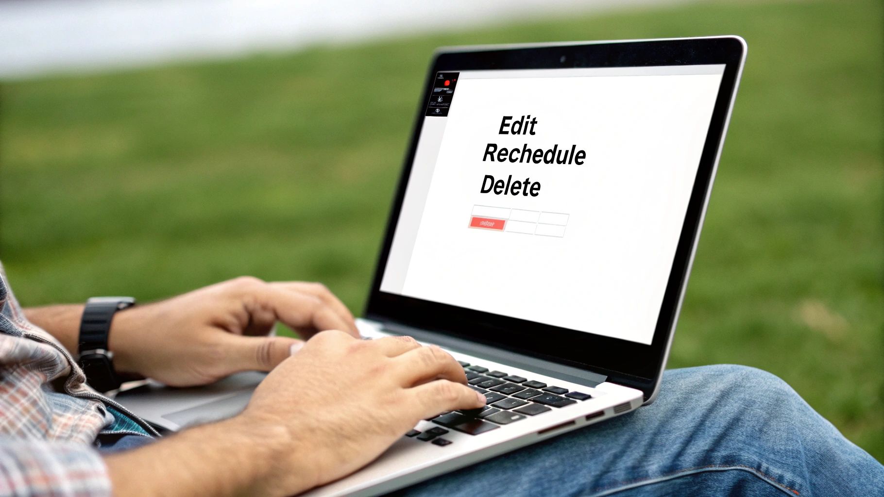 A close-up of a user's finger clicking the 'edit post' button on a scheduled Facebook post within the Meta Business Suite.