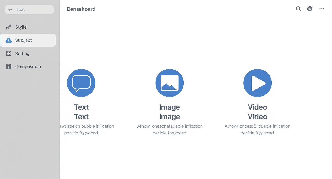 Dashboard interface showing three content type options: text, image, and video with blue circular icons