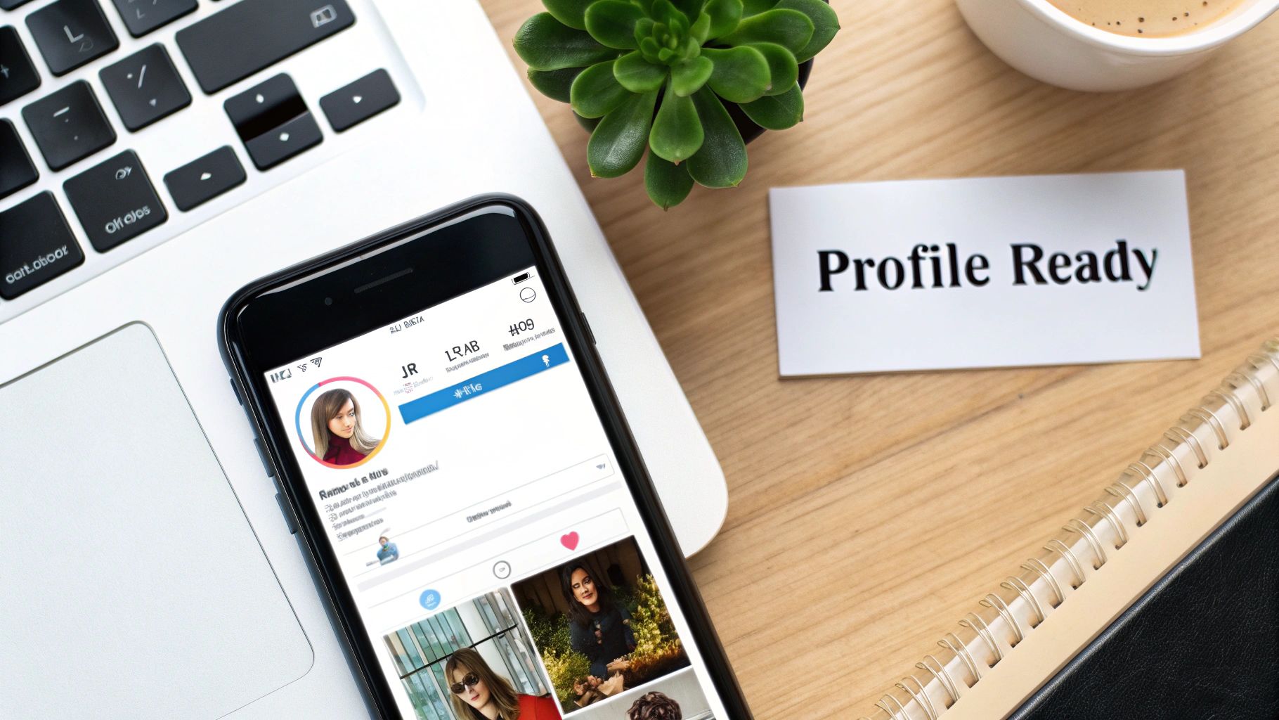 A smartphone displaying a social media profile next to a laptop, coffee, and a 'Profile Ready' note.