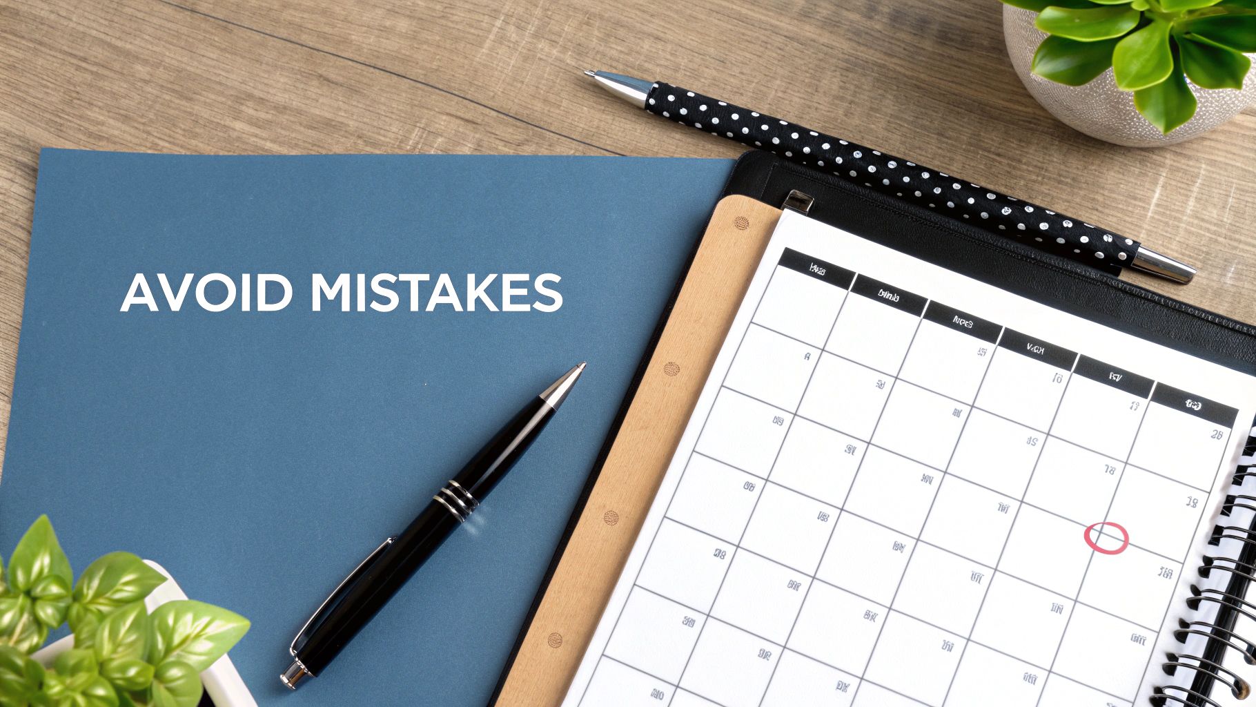 Overhead view of a blue notebook titled 'AVOID MISTAKES', calendar, and pens on a wooden desk.
