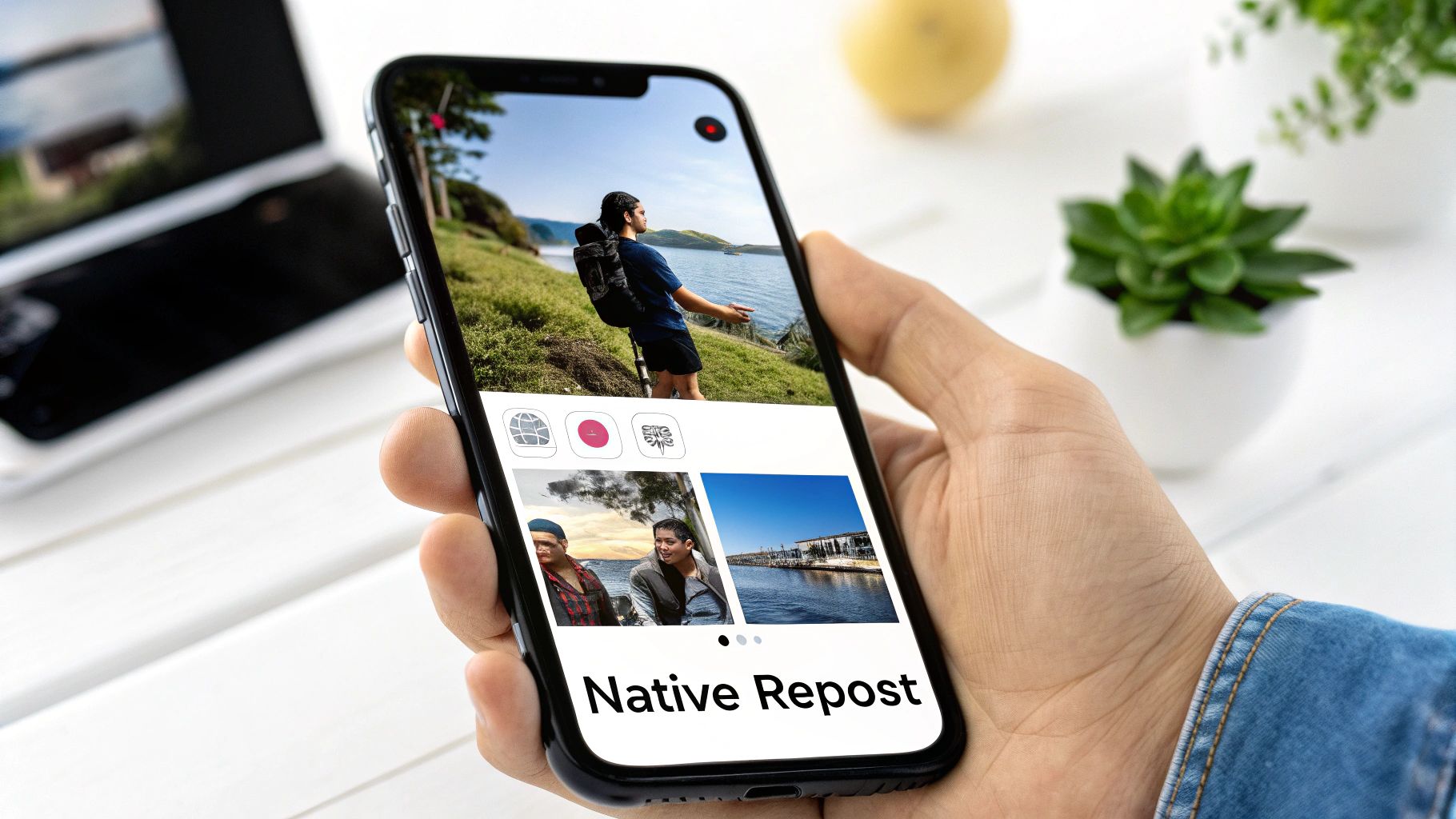 A hand holds a smartphone displaying a social media feed with images and the text 'Native Repost'.