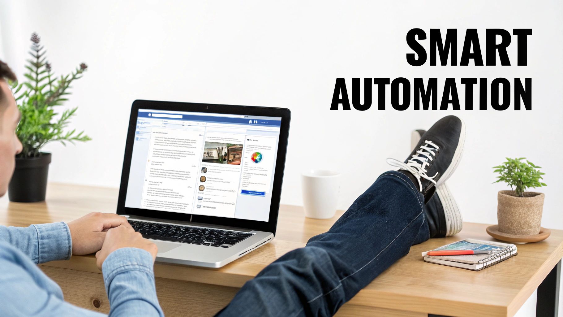 Person using laptop showing social media, with feet on desk and 'SMART AUTOMATION' text on the wall.