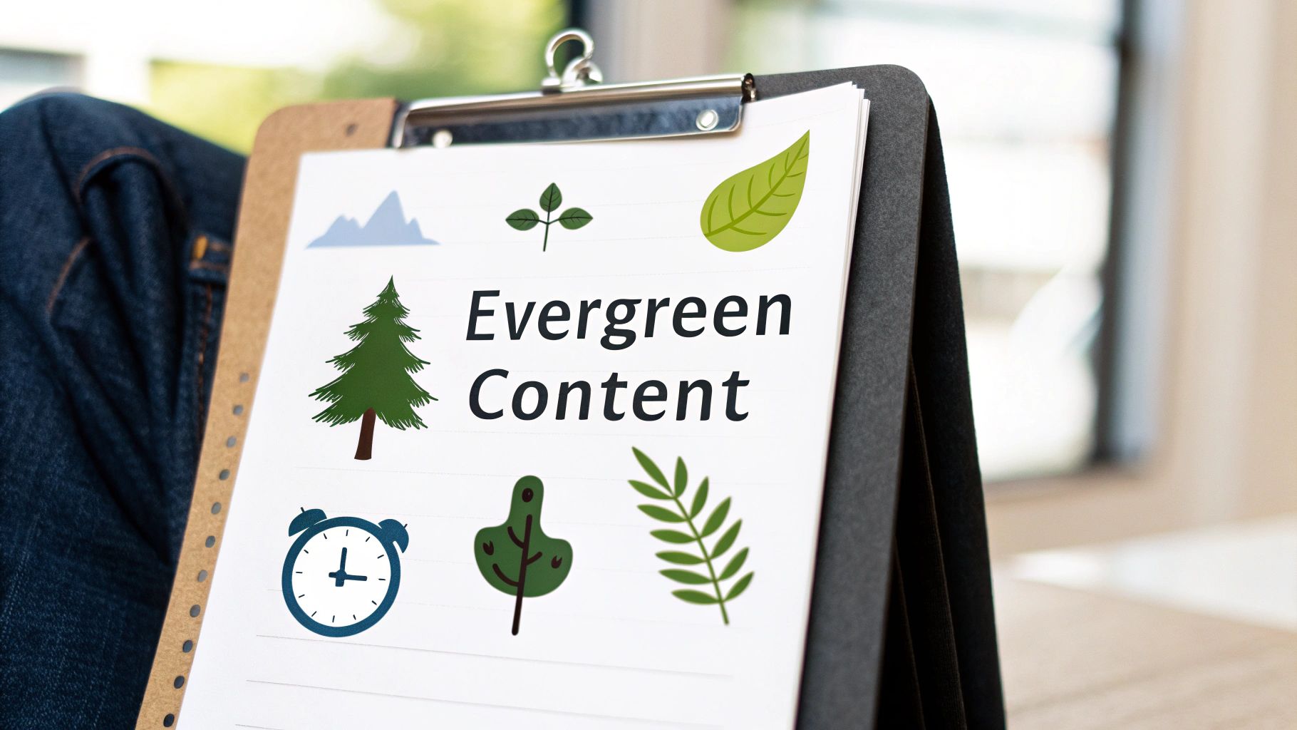 A close-up of a clipboard with a paper titled "Evergreen Content" surrounded by nature-themed icons and an alarm clock.