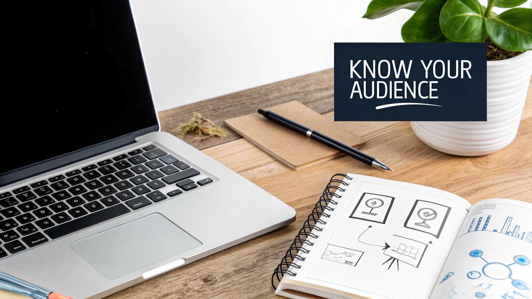 A desk with a laptop, notebook, pen, and plant, featuring "KNOW YOUR AUDIENCE" text.