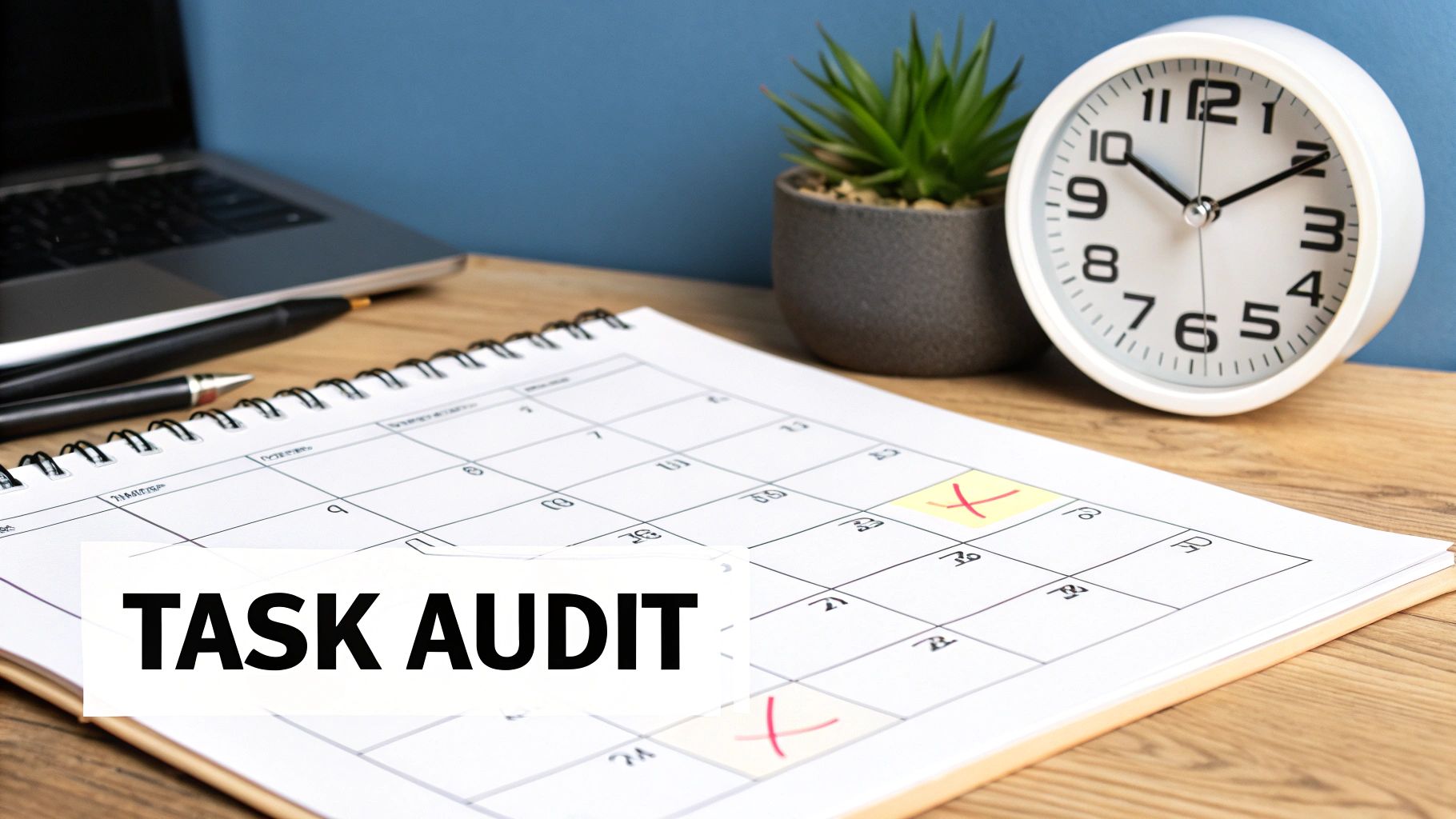 A desk with a calendar showing 'TASK AUDIT' text, laptop, pens, plant, and an alarm clock.