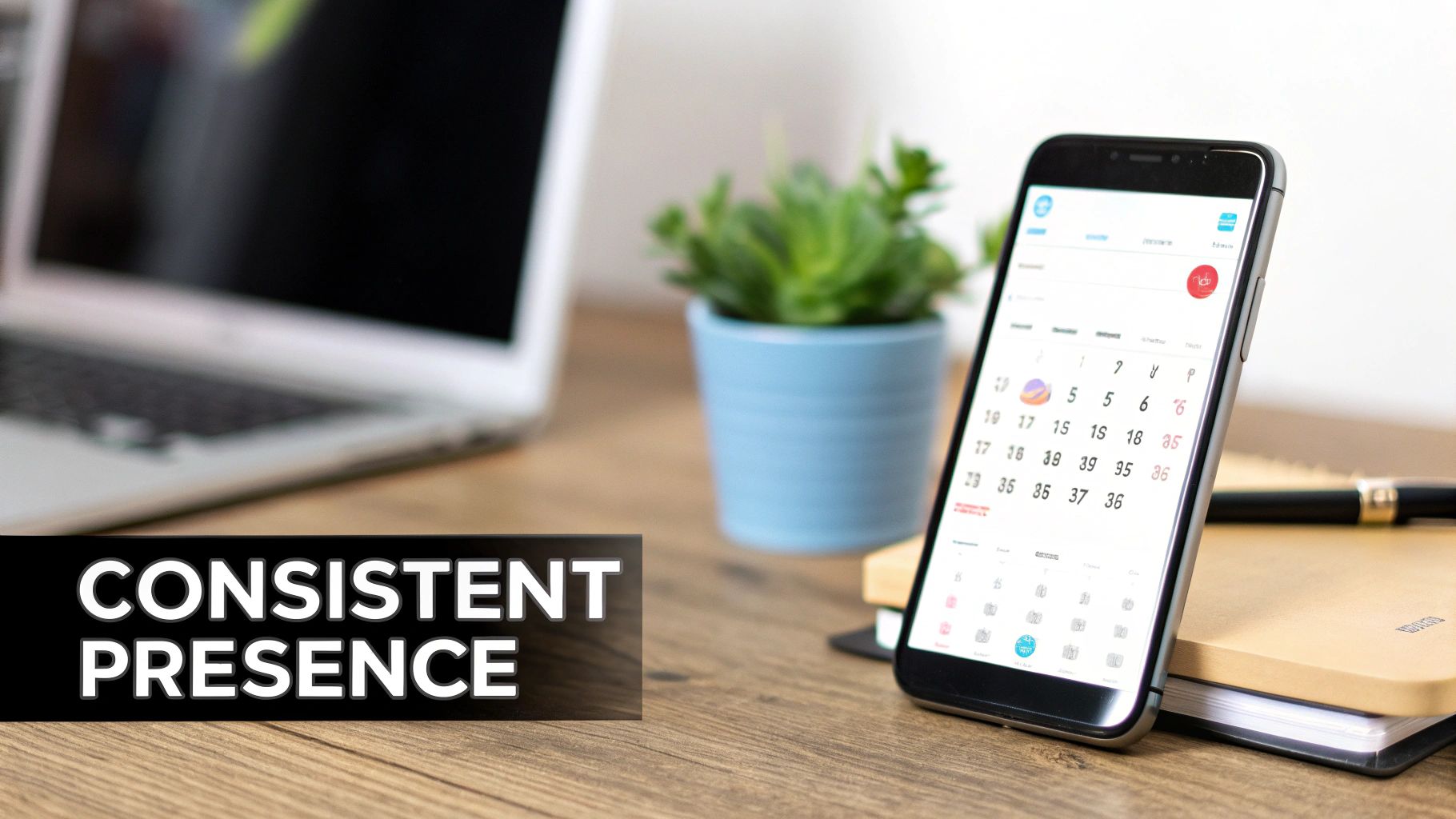 A smartphone with a calendar app, laptop, and plant on a desk, highlighting consistent presence.